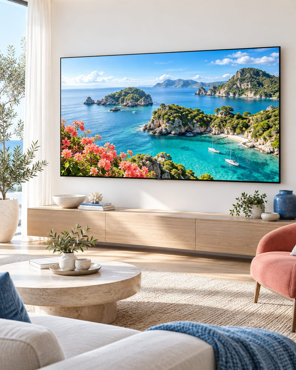 TV 라인업 대표 컷 · 거실 벽 대형 TV